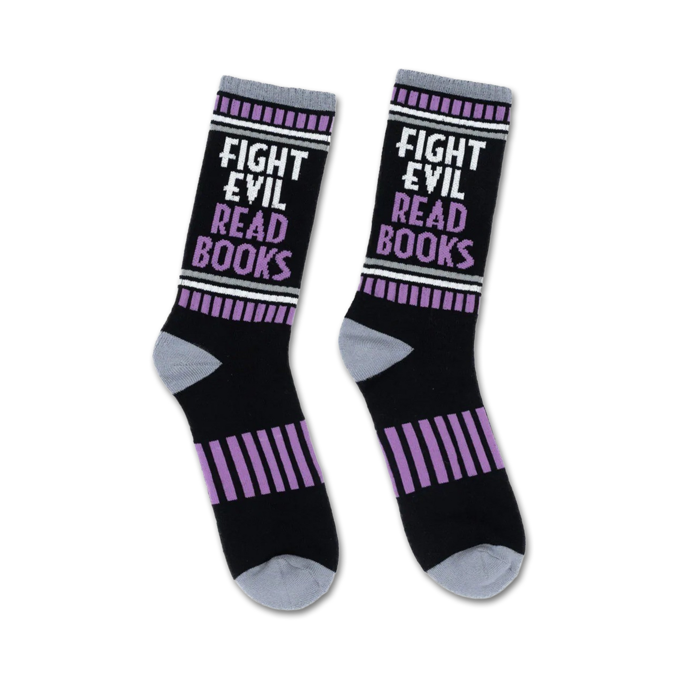 Pair of black crew socks with purple stripes and the text 'Fight Evil, Read Books'.