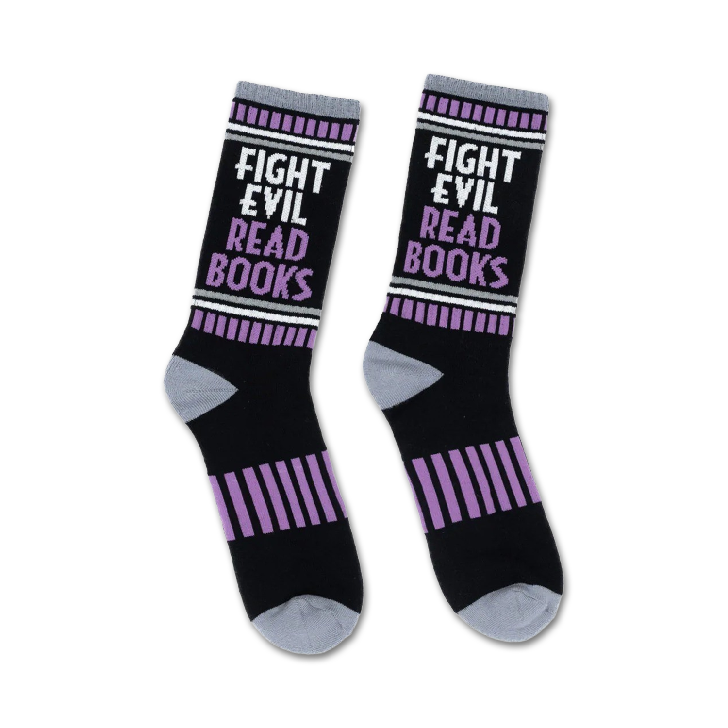 Pair of black crew socks with purple stripes and the text 'Fight Evil, Read Books'.