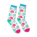Pair of crew socks with a white background and teal and pink open book designs. The socks have light blue cuffs and hot pink heels and toes.