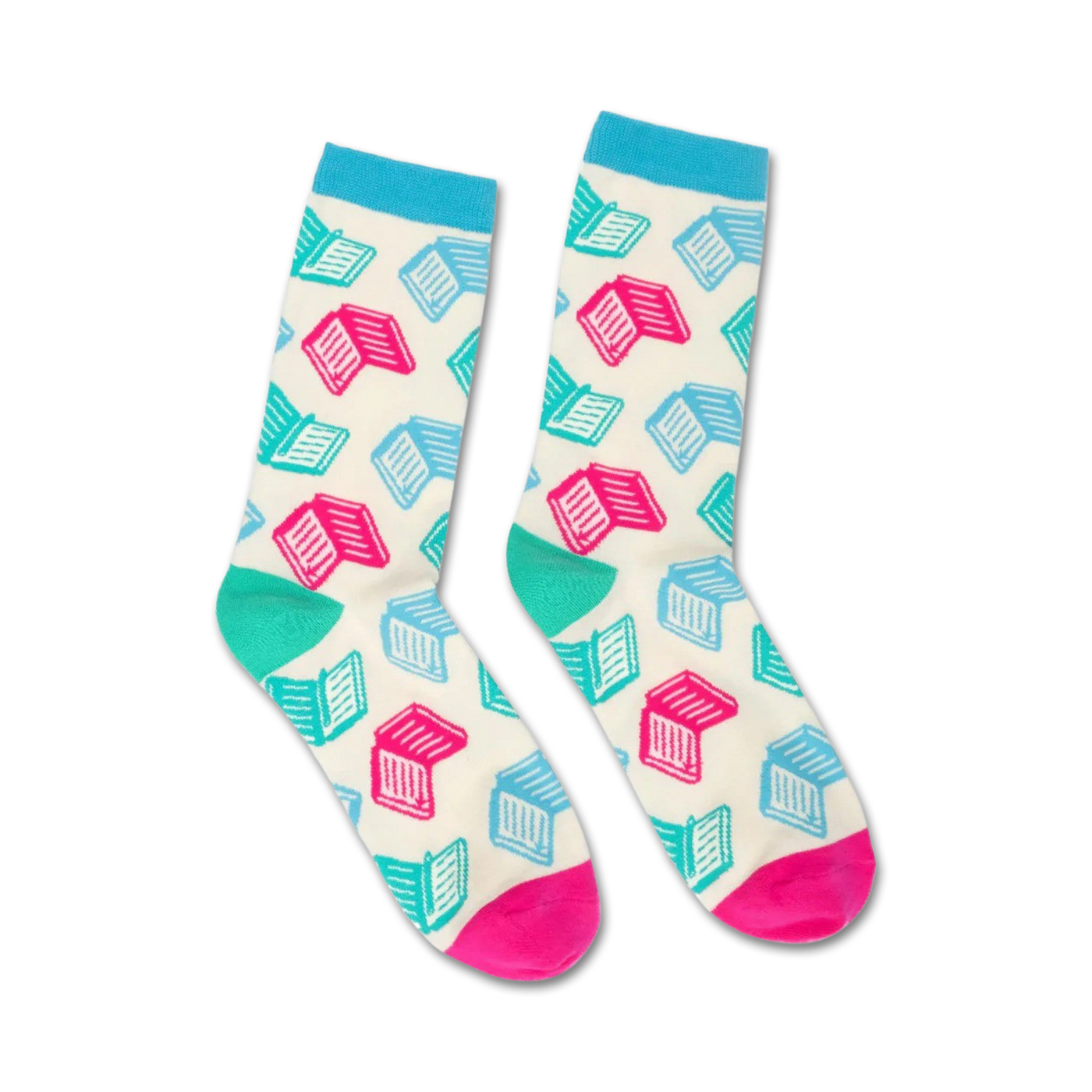 Pair of crew socks with a white background and teal and pink open book designs. The socks have light blue cuffs and hot pink heels and toes.