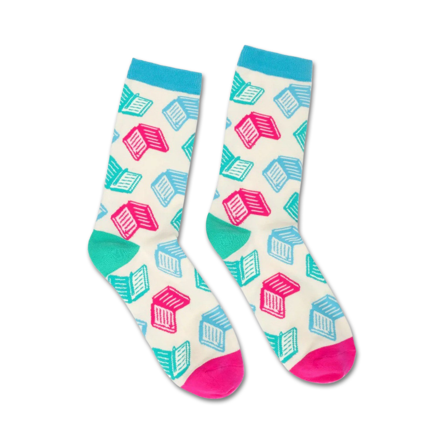 Pair of crew socks with a white background and teal and pink open book designs. The socks have light blue cuffs and hot pink heels and toes.