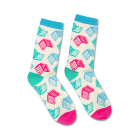 white crew socks with a colorful pattern of books for men and women  