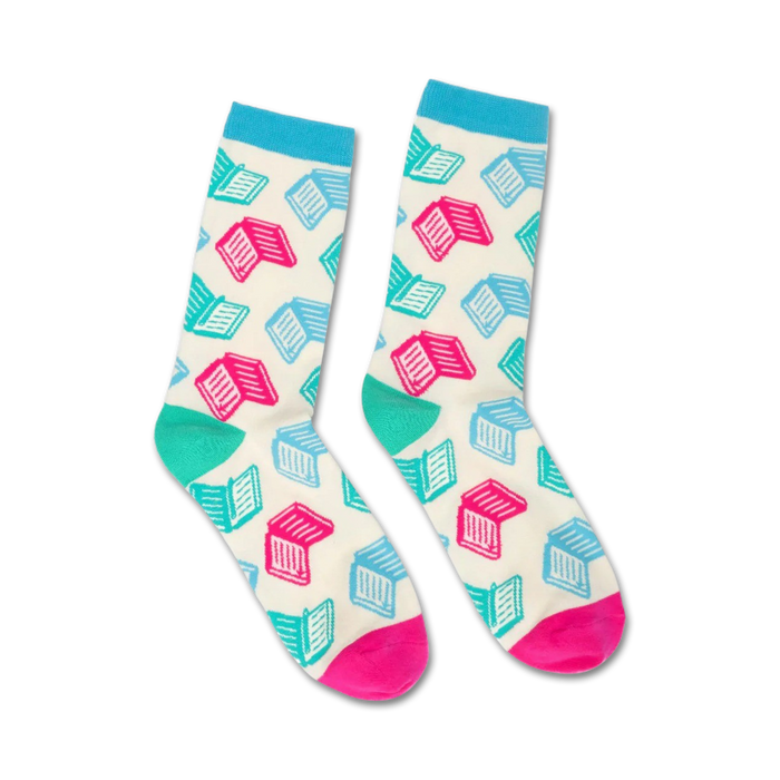 white crew socks with a colorful pattern of books for men and women   }}