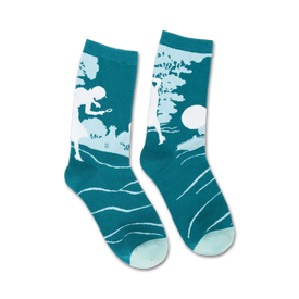 nancy drew teal and white crew socks feature detective girl in front of house.  