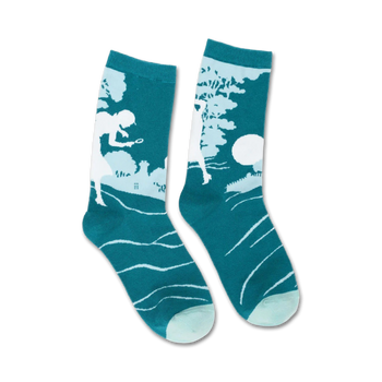 nancy drew teal and white crew socks feature detective girl in front of house.  