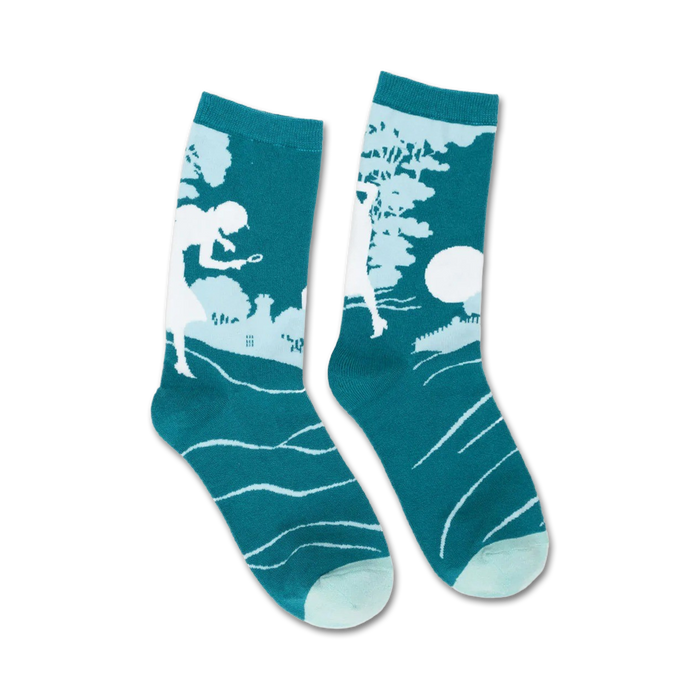 nancy drew teal and white crew socks feature detective girl in front of house.   }}
