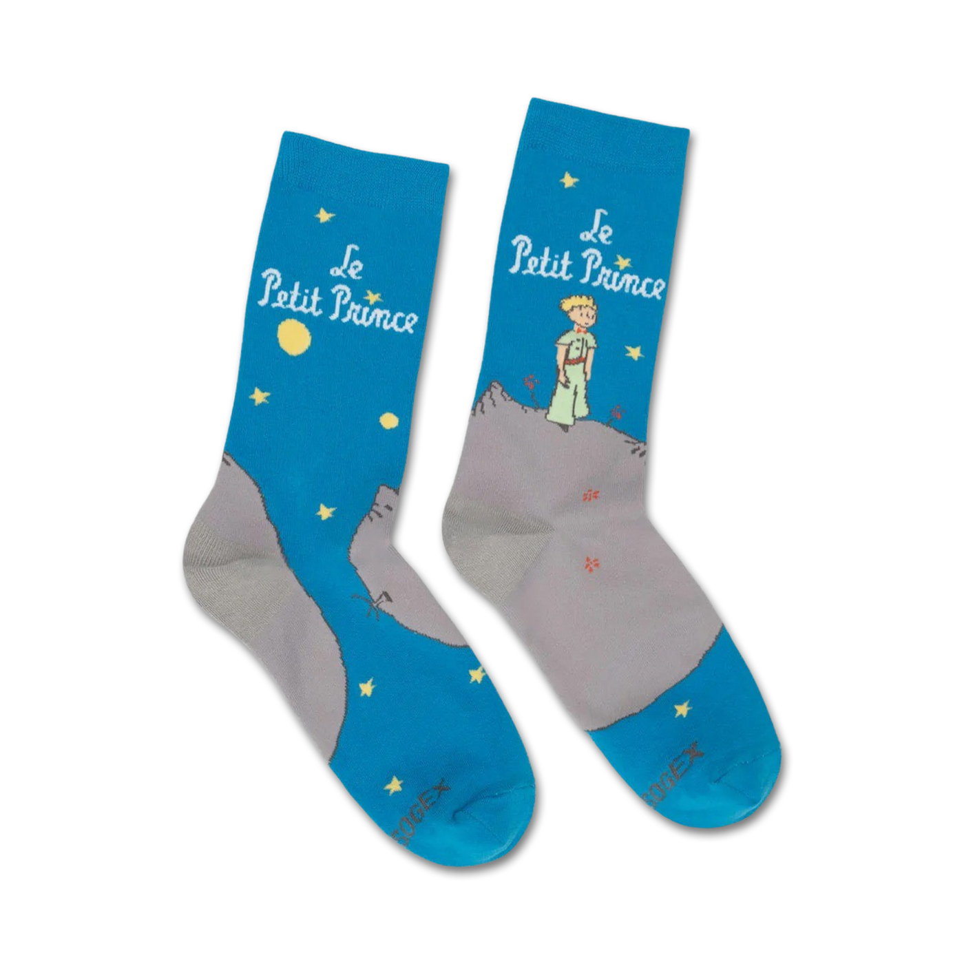 Pair of crew socks in teal blue and grey, depicting The Little Prince standing on an asteroid against a starry night sky.  The title 'Le Petit Prince' is featured on the socks.