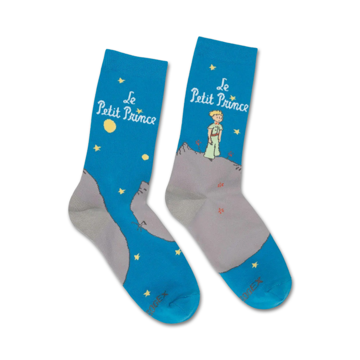 Pair of crew socks in teal blue and grey, depicting The Little Prince standing on an asteroid against a starry night sky.  The title 'Le Petit Prince' is featured on the socks.