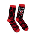 Pair of black and red crew socks.  A grinning Pennywise clown face and 'Stephen King IT' text are featured on one side. Dripping blood design accents the stripes.