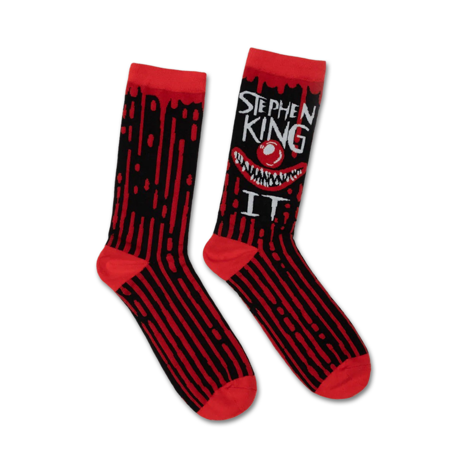 Pair of black and red crew socks.  A grinning Pennywise clown face and 'Stephen King IT' text are featured on one side. Dripping blood design accents the stripes.