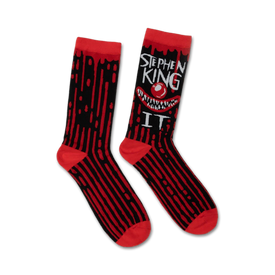 red and black stephen king "it" socks with vertical stripes and a clown graphic.  