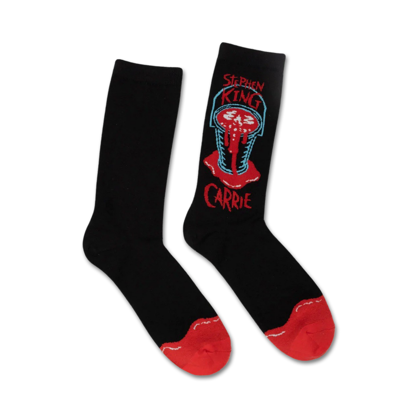 Pair of black crew socks.  Feature a red and teal graphic of a bloody bucket from Stephen King's Carrie, with the title below.