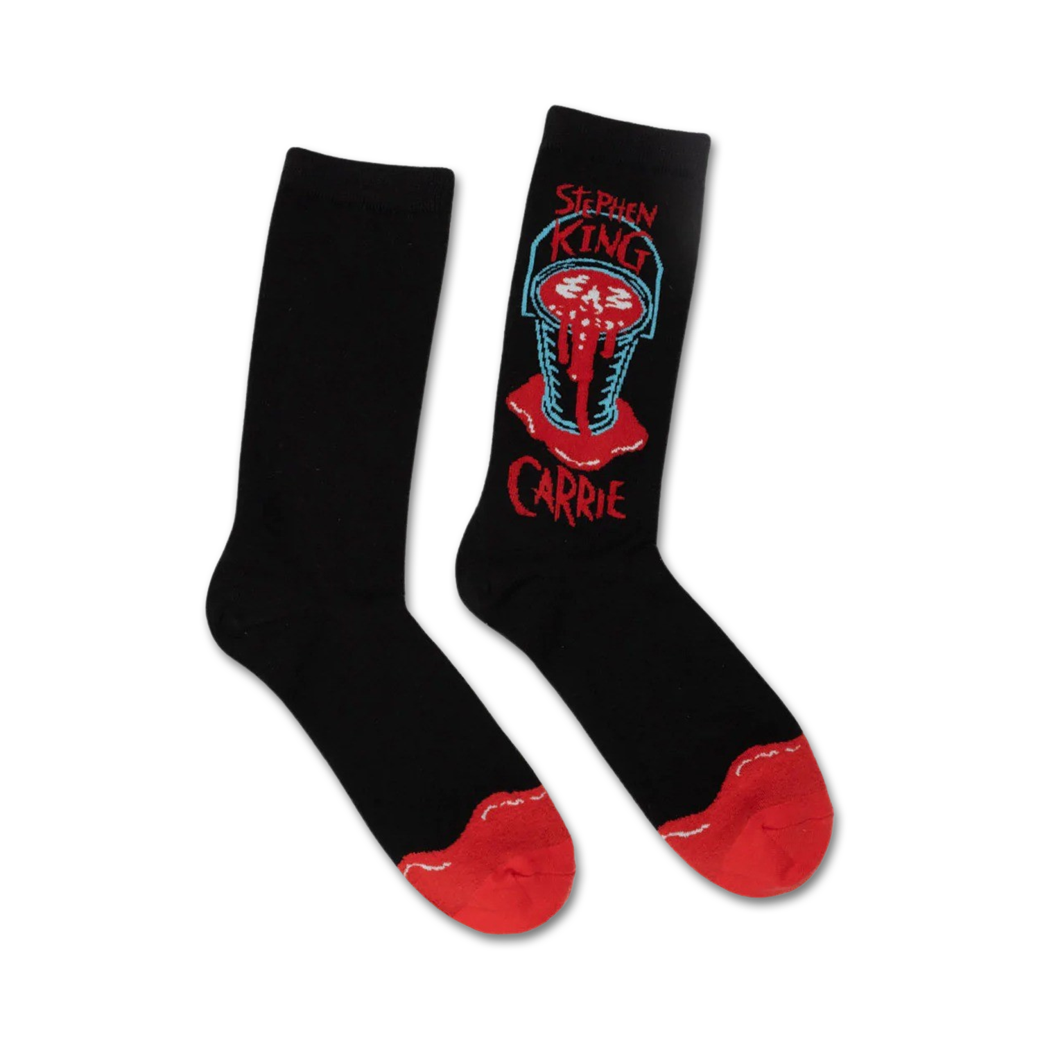 Pair of black crew socks.  Feature a red and teal graphic of a bloody bucket from Stephen King's Carrie, with the title below.