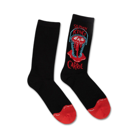 carrie by stephen king horror movie crew socks. featuring carrie. black with red cuff. men's and women's. unisex crew length.  
