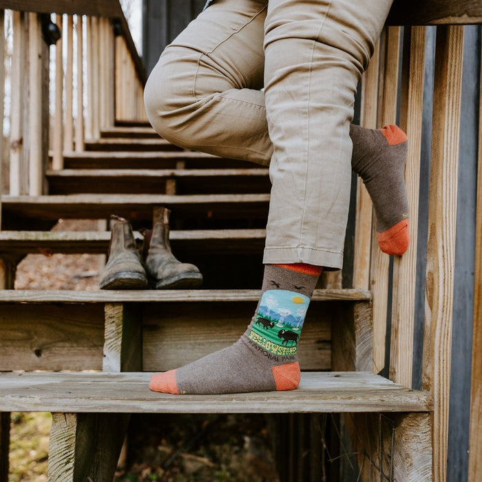 Vertical shot of a person climbing rustic wooden stairs, the bison graphic on Yellowstone National Park socks in Brown Heather front and center. [lf]