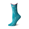 Teal crew socks with a whimsical fish design. The fish has a single eye and wavy body pattern. Pink detailing at the top.