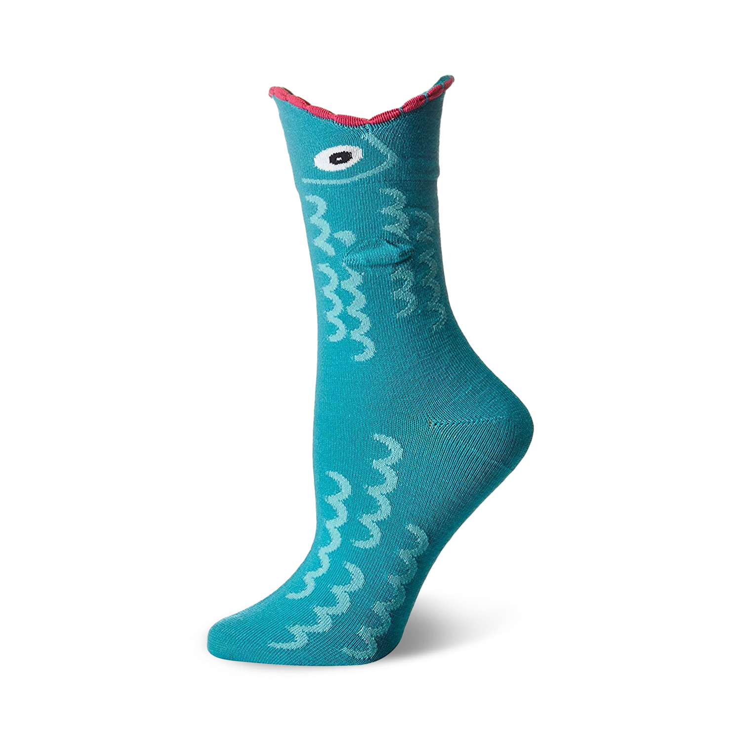 Teal crew socks with a whimsical fish design. The fish has a single eye and wavy body pattern. Pink detailing at the top.