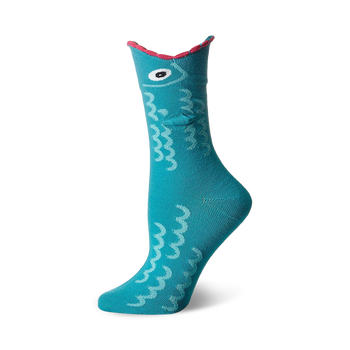 womens wide mouth fish novelty sock featuring a dark blue fish and light blue waves.   
