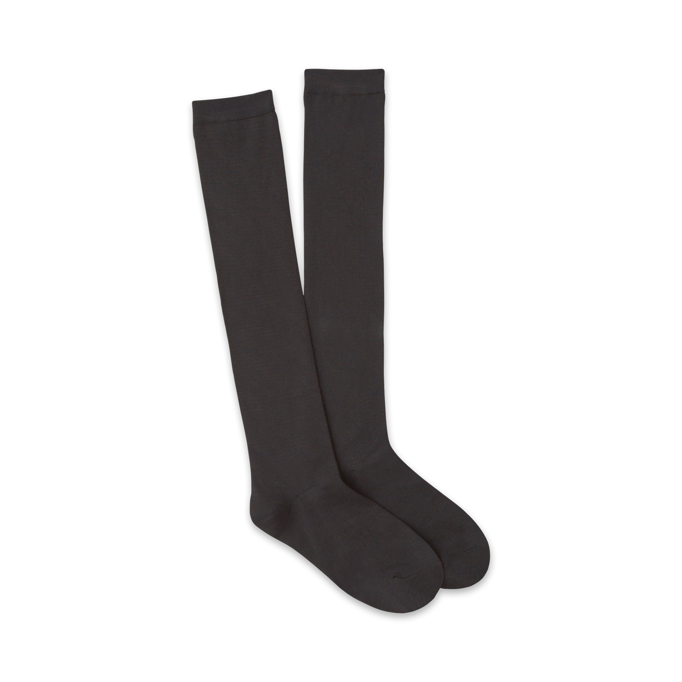 Pair of black knee-high socks. Soft and stretchy material. Simple, classic design.