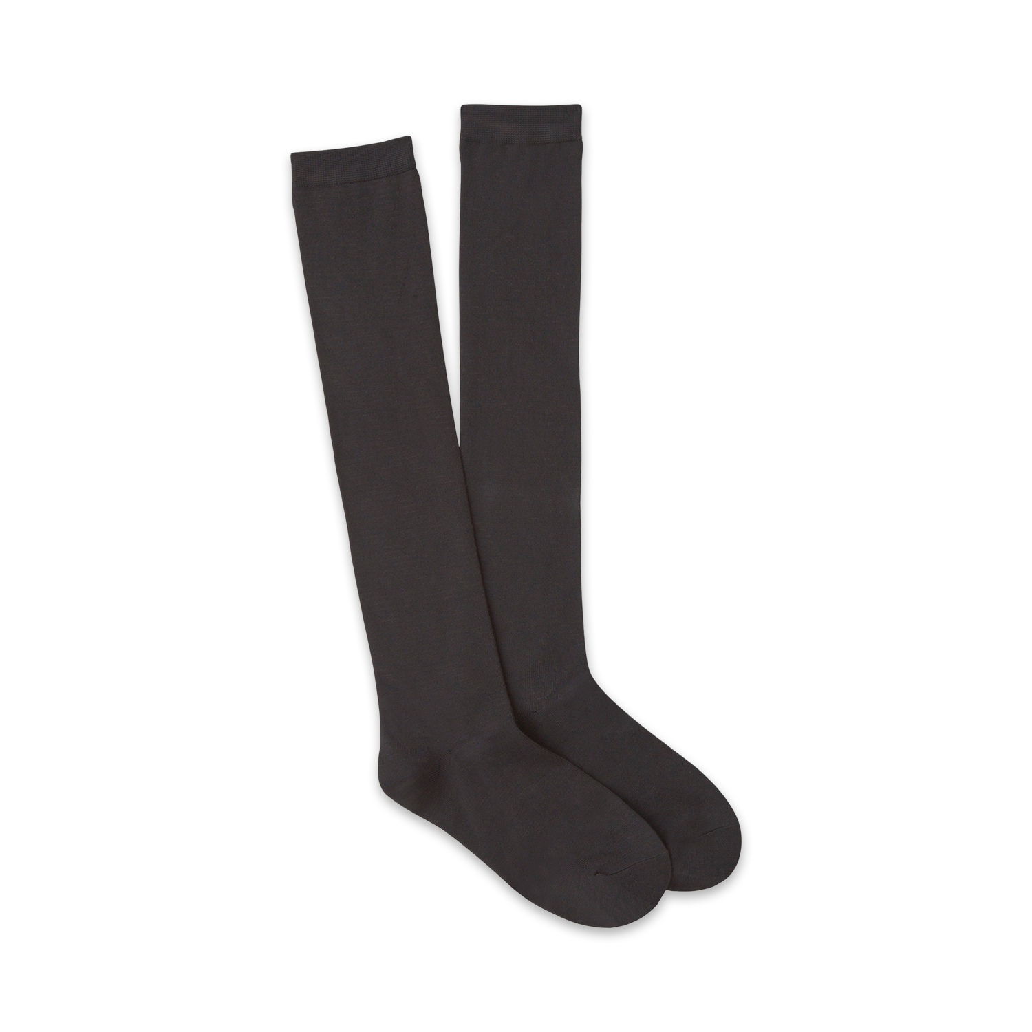 Pair of black knee-high socks. Soft and stretchy material. Simple, classic design.