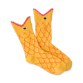 Pair of yellow crew socks with an orange goldfish design.  Pink detailing on the fins adds a pop of color.