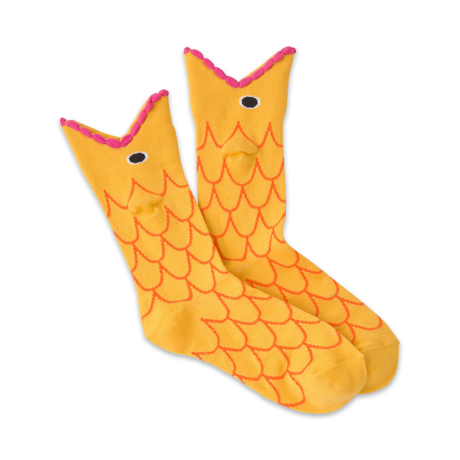 Pair of yellow crew socks with an orange goldfish design.  Pink detailing on the fins adds a pop of color.
