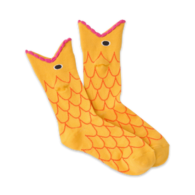 orange crew socks with black fish scale pattern; pink outline, lining, and top cuff  