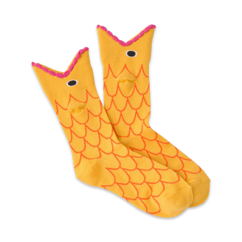 orange crew socks with black fish scale pattern; pink outline, lining, and top cuff  