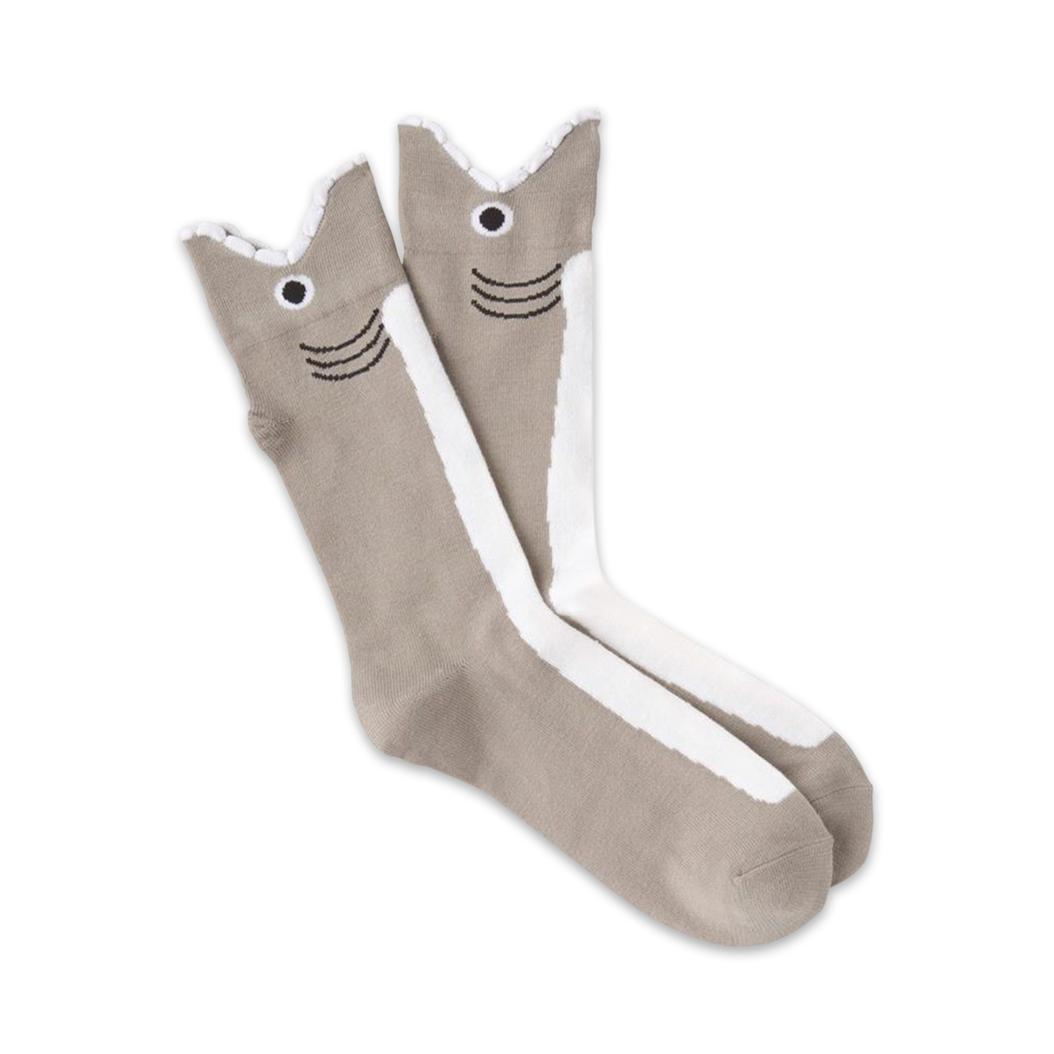 Pair of taupe crew socks with a whimsical white and black shark face design on the leg. 