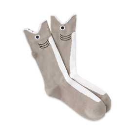gray and white crew socks with a pattern of shark faces with black eyes and mouths.  