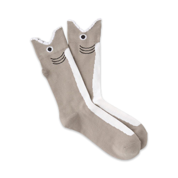 gray and white crew socks with a pattern of shark faces with black eyes and mouths.  