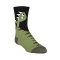 Crew socks in green and black featuring a cartoon T-Rex design. The dinosaur's head is on the top of the sock, with its body wrapping around.