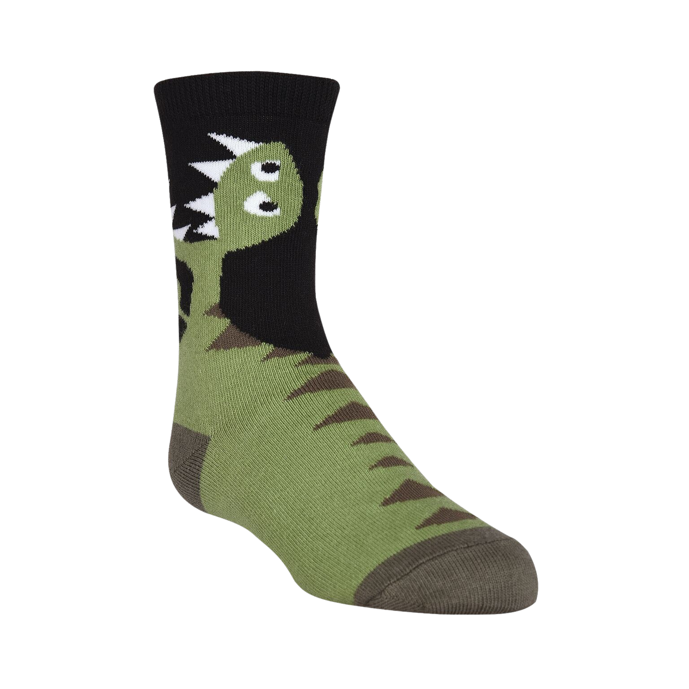 Crew socks in green and black featuring a cartoon T-Rex design. The dinosaur's head is on the top of the sock, with its body wrapping around.