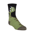 Crew socks in green and black featuring a cartoon T-Rex design. The dinosaur's head is on the top of the sock, with its body wrapping around.