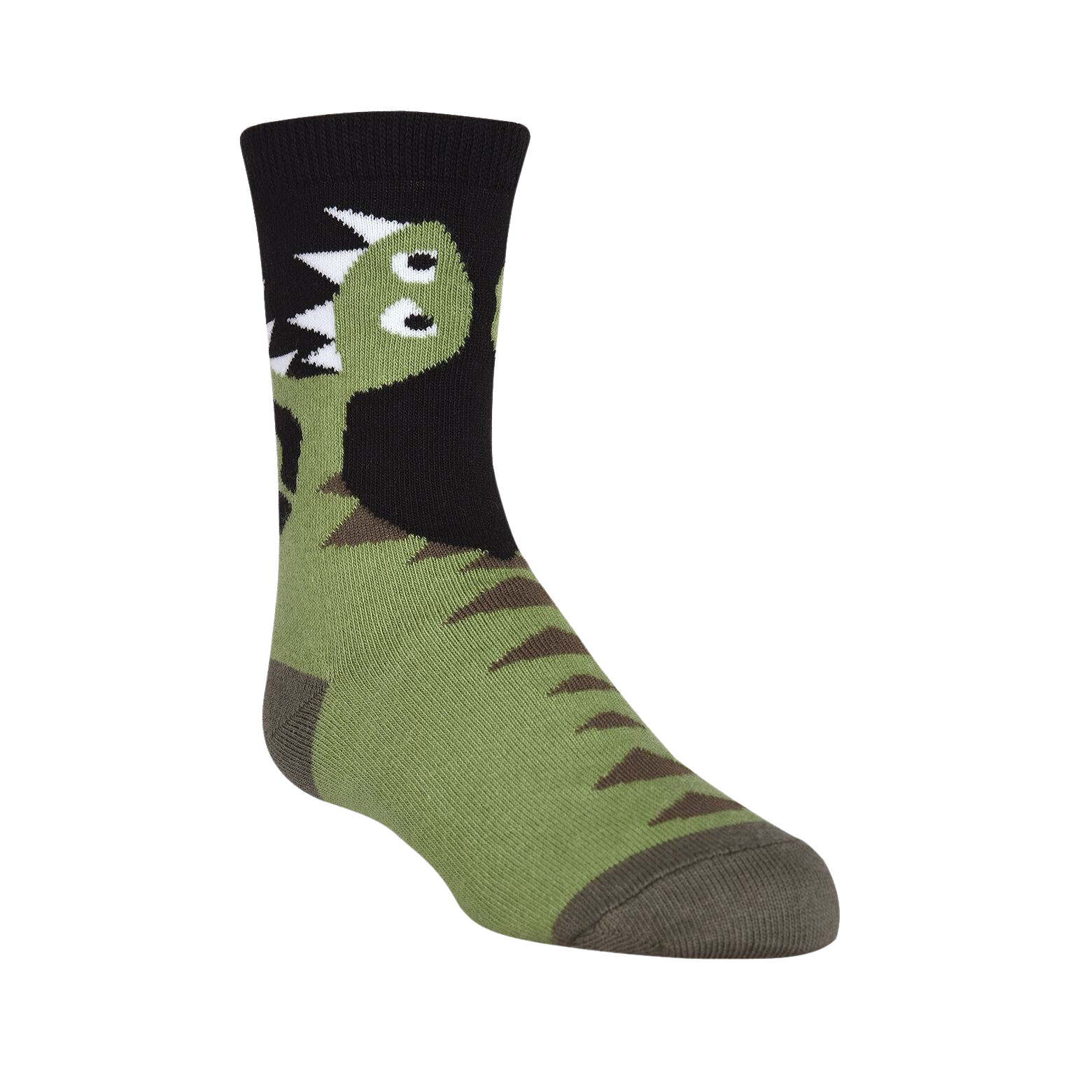 Crew socks in green and black featuring a cartoon T-Rex design. The dinosaur's head is on the top of the sock, with its body wrapping around.