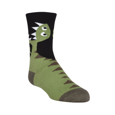 green, brown, and black cotton crew socks with a pattern of brown t-rex dinosaurs with white details.   