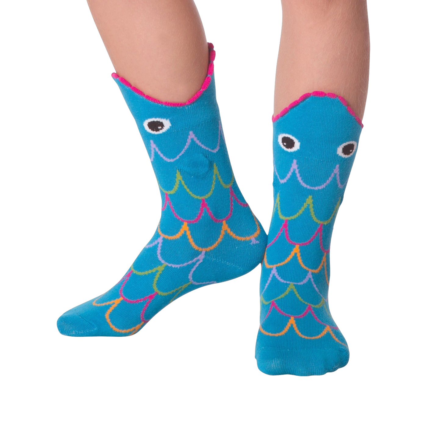 Lifestyle photo showing Fish Wide Mouth socks on a person's legs against a black background.