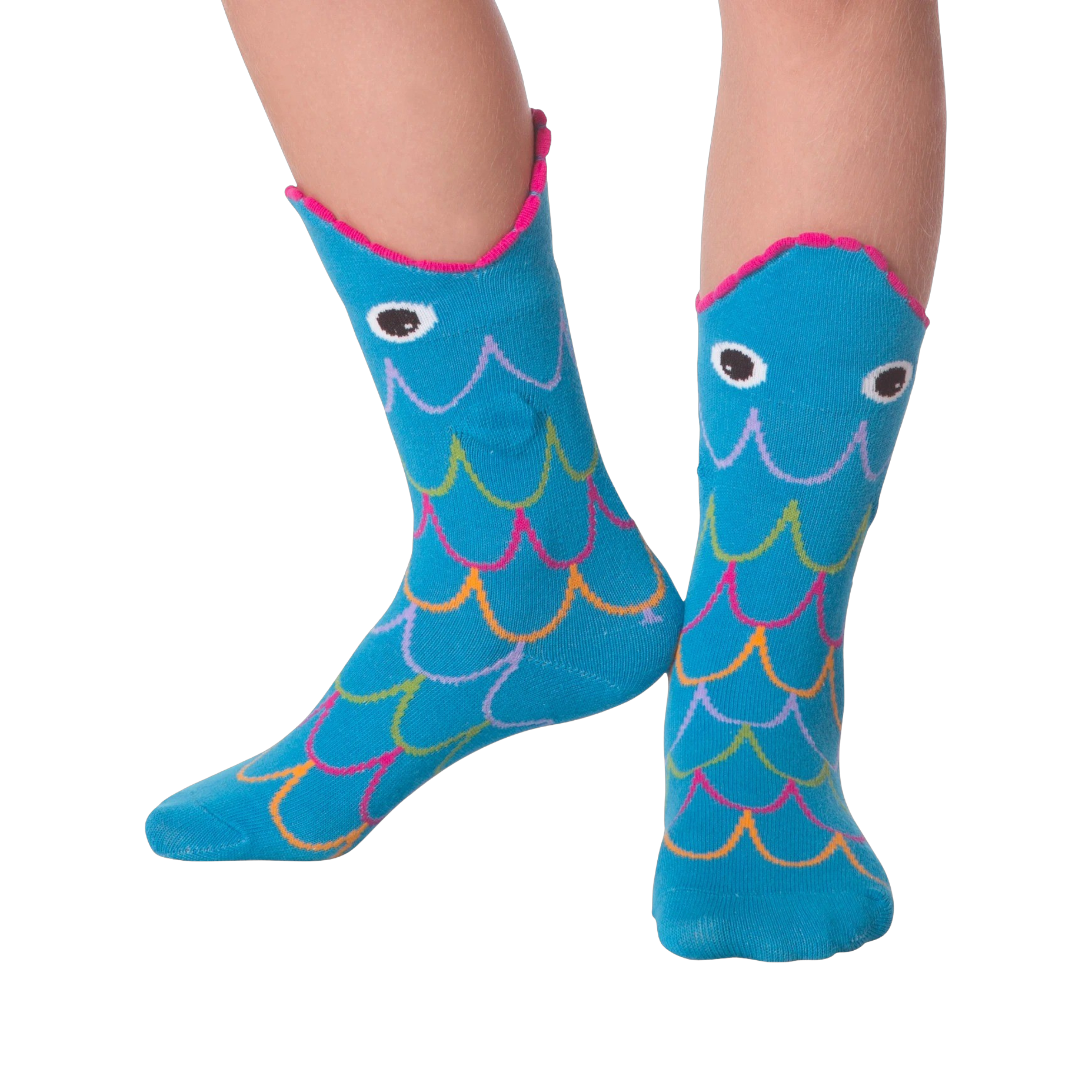 Lifestyle photo showing Fish Wide Mouth socks on a person's legs against a black background.