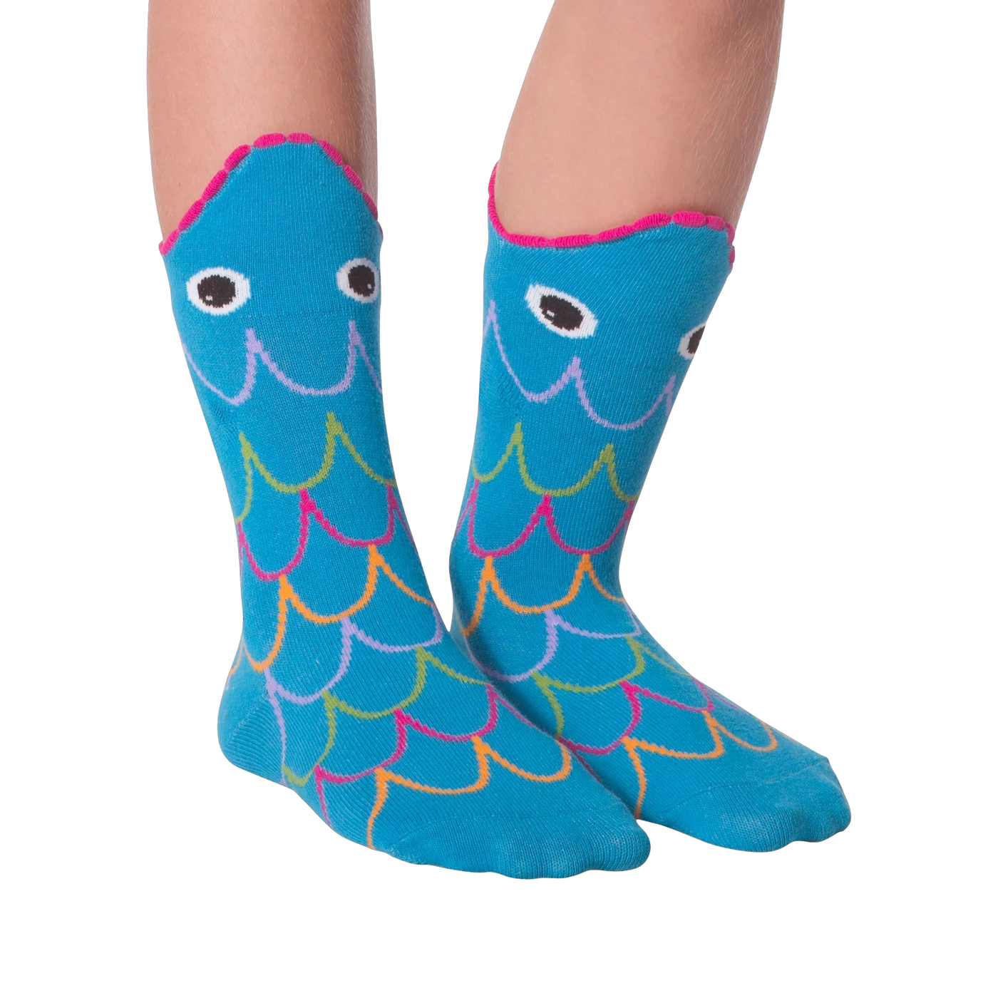 Another lifestyle shot of the Fish Wide Mouth socks on legs against a black background; different pose.