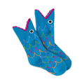 A pair of blue crew socks with a whimsical fish design. The fish have pink mouths and colorful scales.