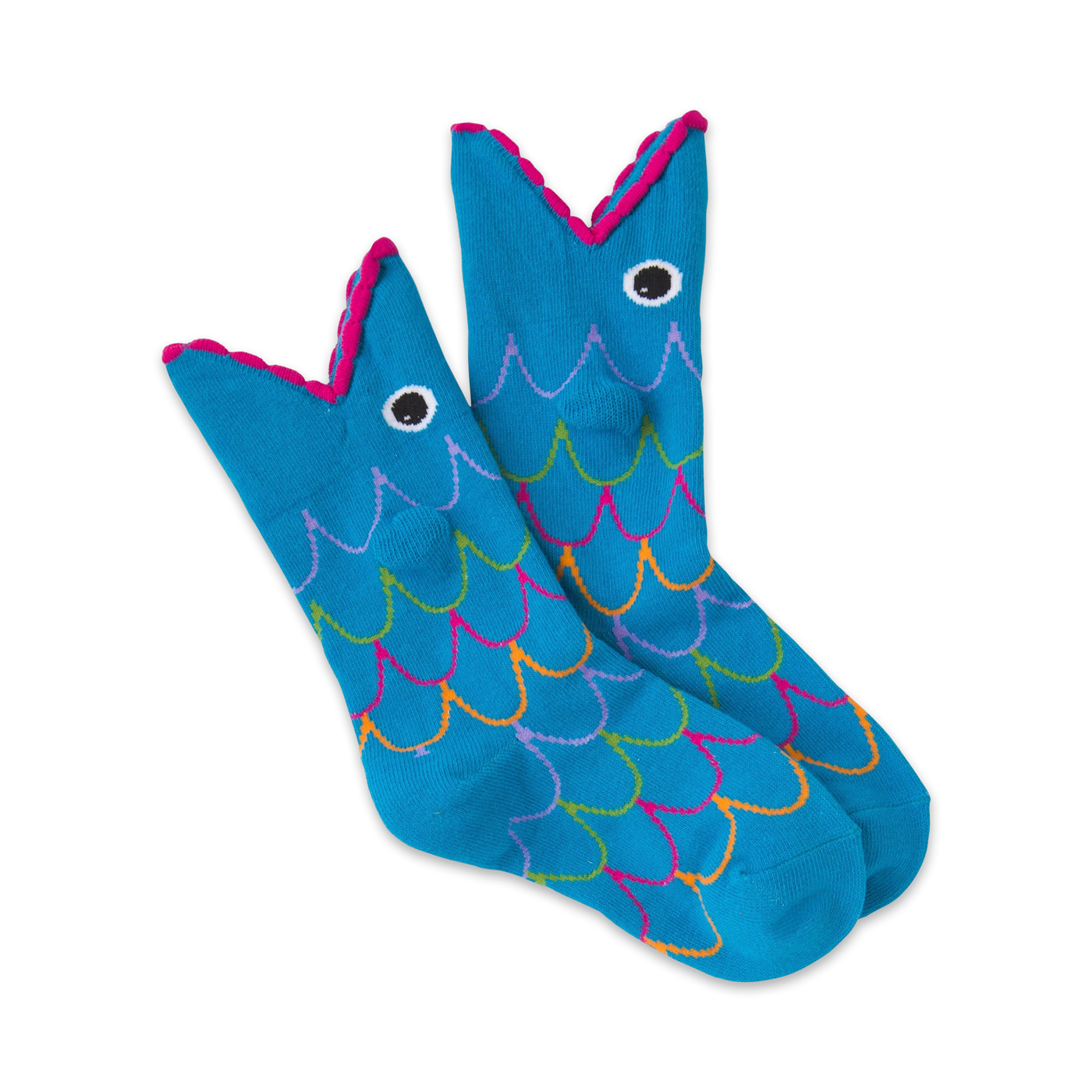 A pair of blue crew socks with a whimsical fish design. The fish have pink mouths and colorful scales.