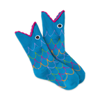 A pair of blue crew socks with a whimsical fish design. The fish have pink mouths and colorful scales.