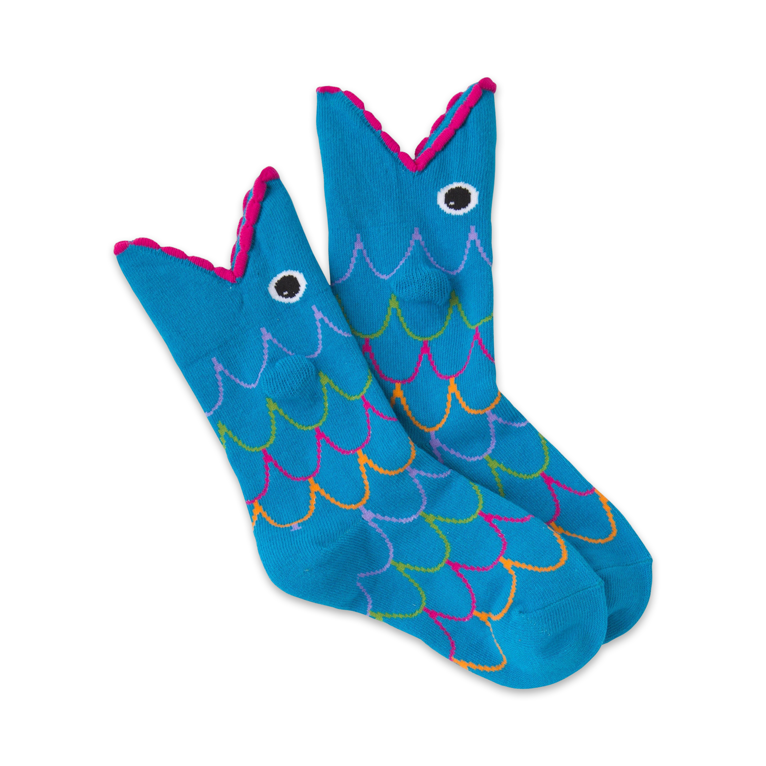 A pair of blue crew socks with a whimsical fish design. The fish have pink mouths and colorful scales.