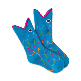 blue crew socks with a pattern of pink and multi-colored fish scales. fun kids' socks with adorable fish designs.  