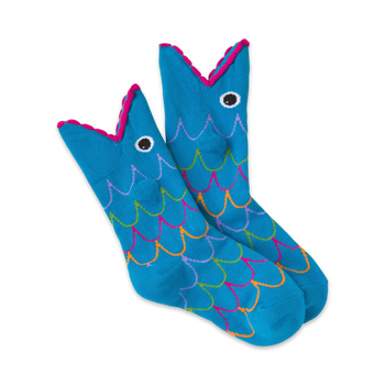 blue crew socks with a pattern of pink and multi-colored fish scales. fun kids' socks with adorable fish designs.  