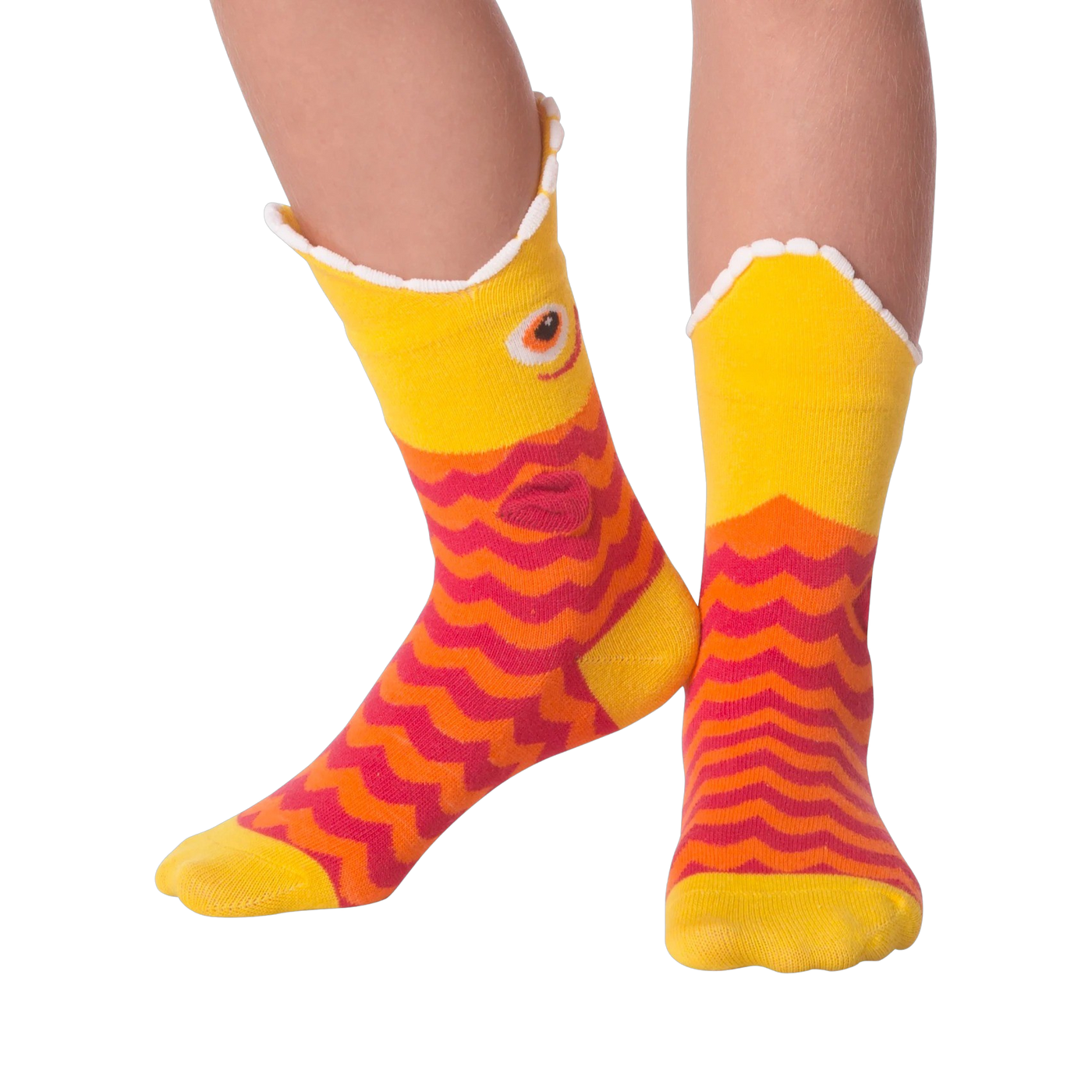 Lifestyle shot of Piranha Wide Mouth socks on a person's legs against a black background.
