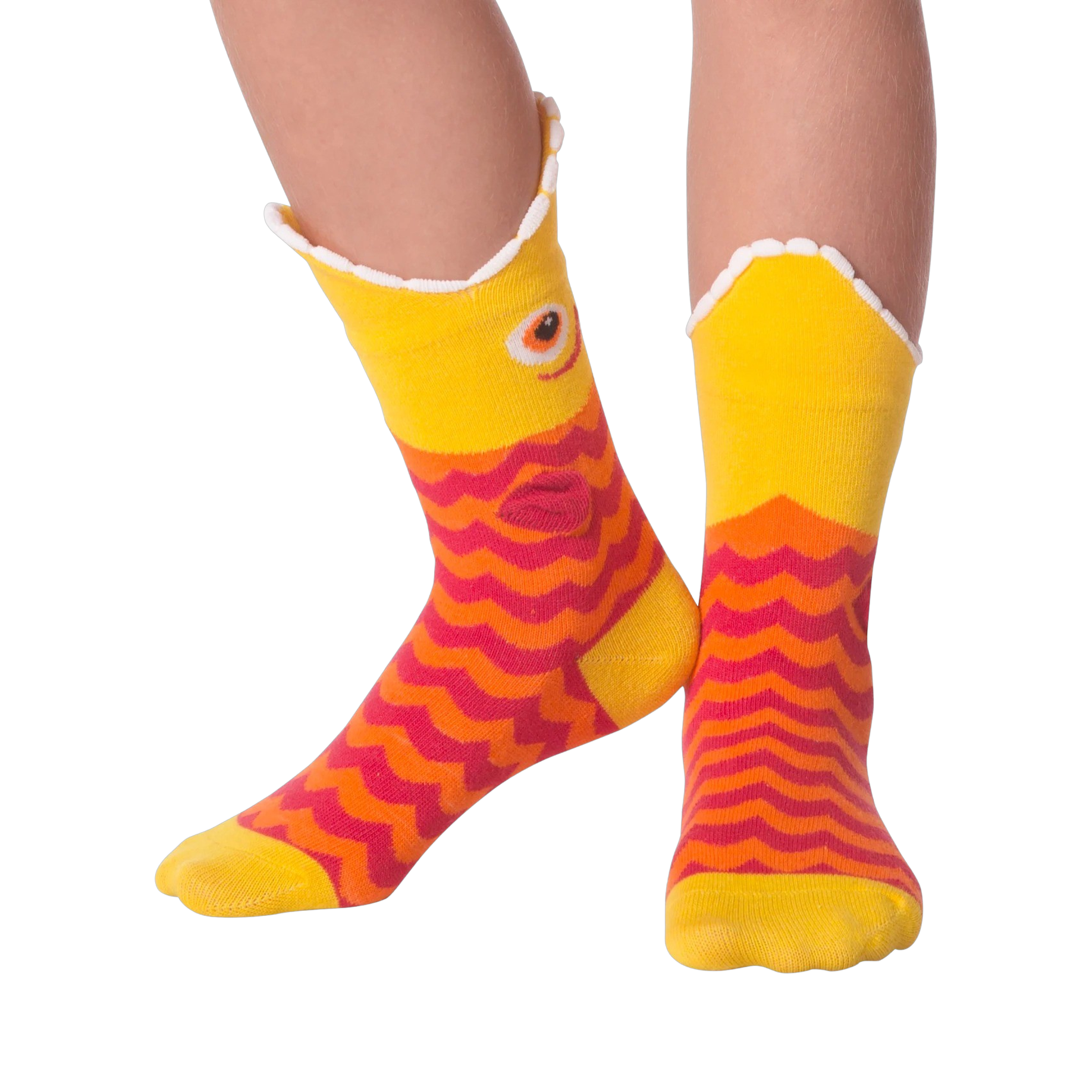 Lifestyle shot of Piranha Wide Mouth socks on a person's legs against a black background.
