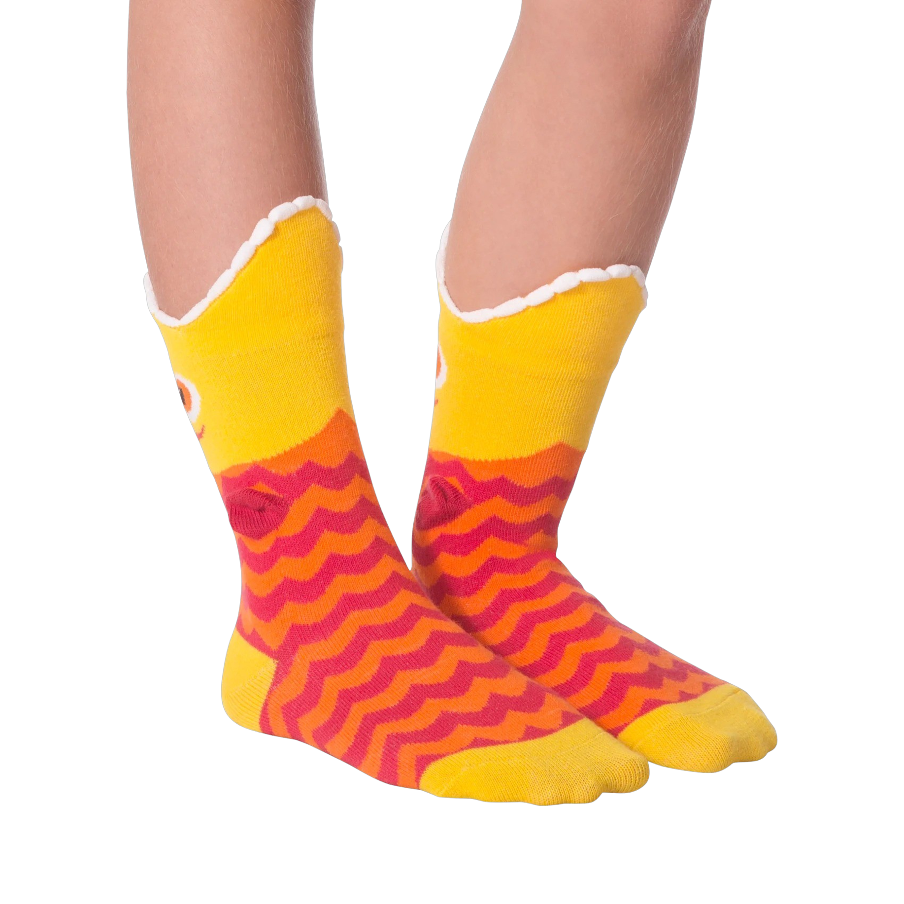 Another lifestyle shot of Piranha Wide Mouth socks on a person's legs against a black background, slightly different angle.