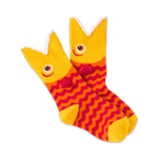 Pair of yellow and red Piranha Wide Mouth crew socks.  The socks feature a whimsical fish design with wavy stripes and a wide mouth detail.