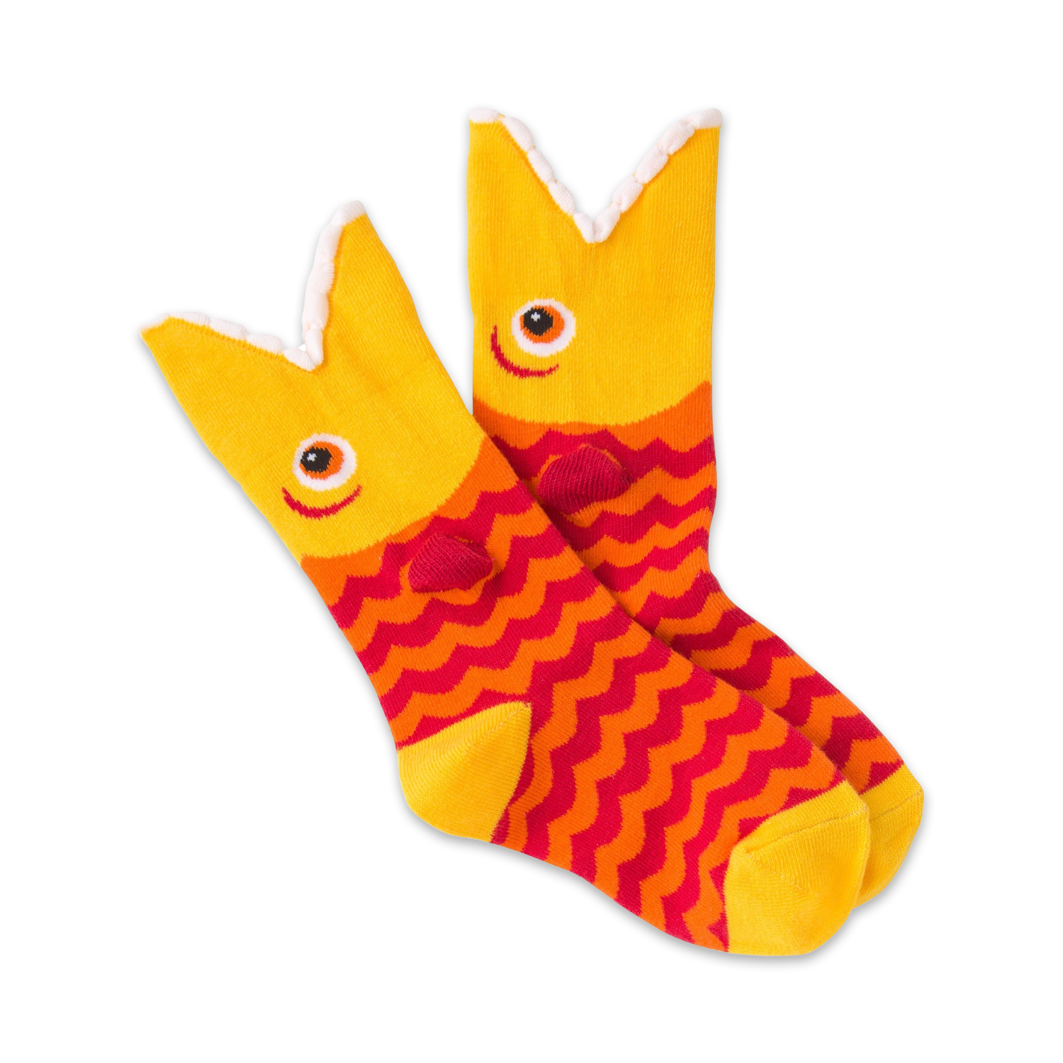 Pair of yellow and red Piranha Wide Mouth crew socks.  The socks feature a whimsical fish design with wavy stripes and a wide mouth detail.